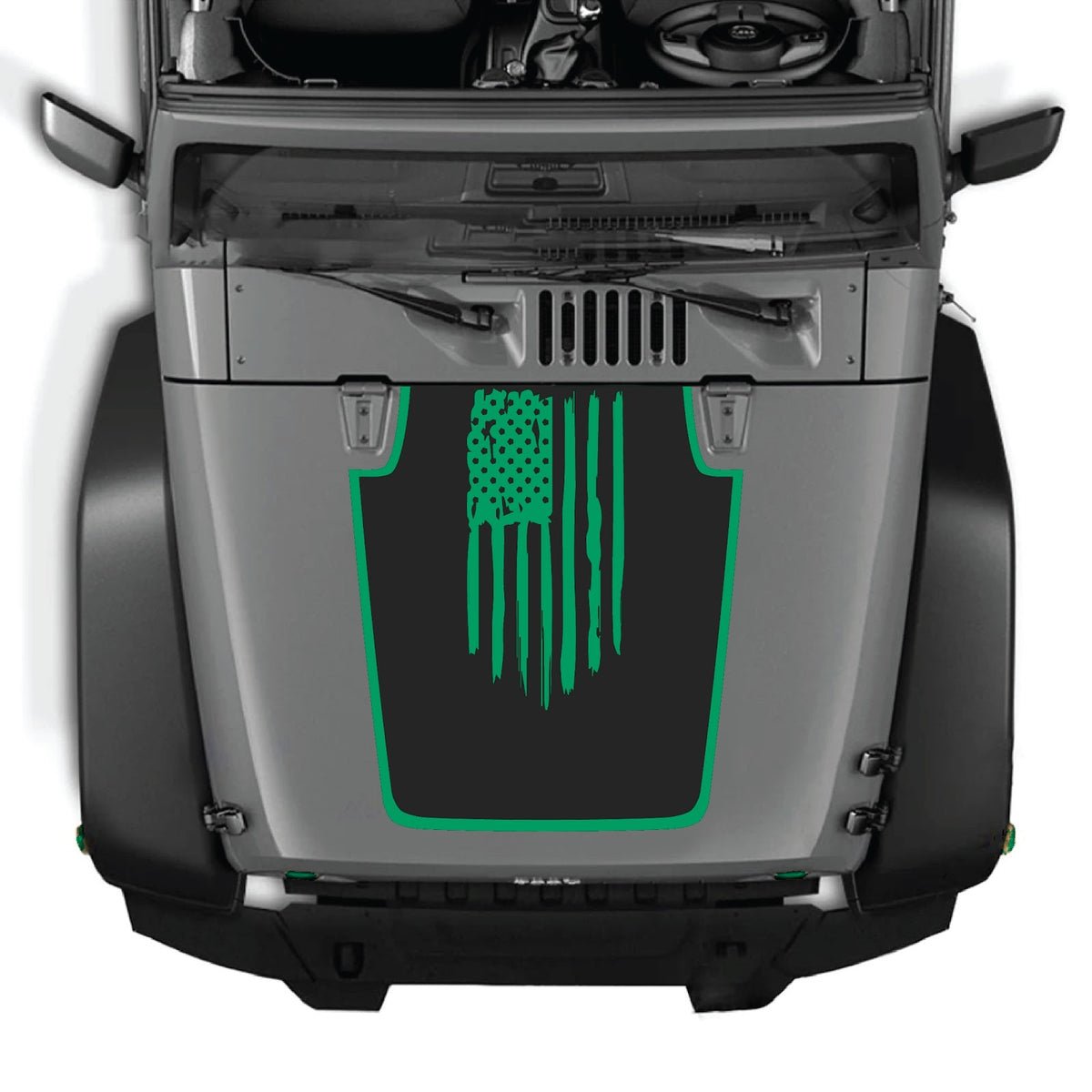 Jeep Wrangler JK/JKU hood decal by CarCode, style #05, in black with bold graphic design on silver hood.
