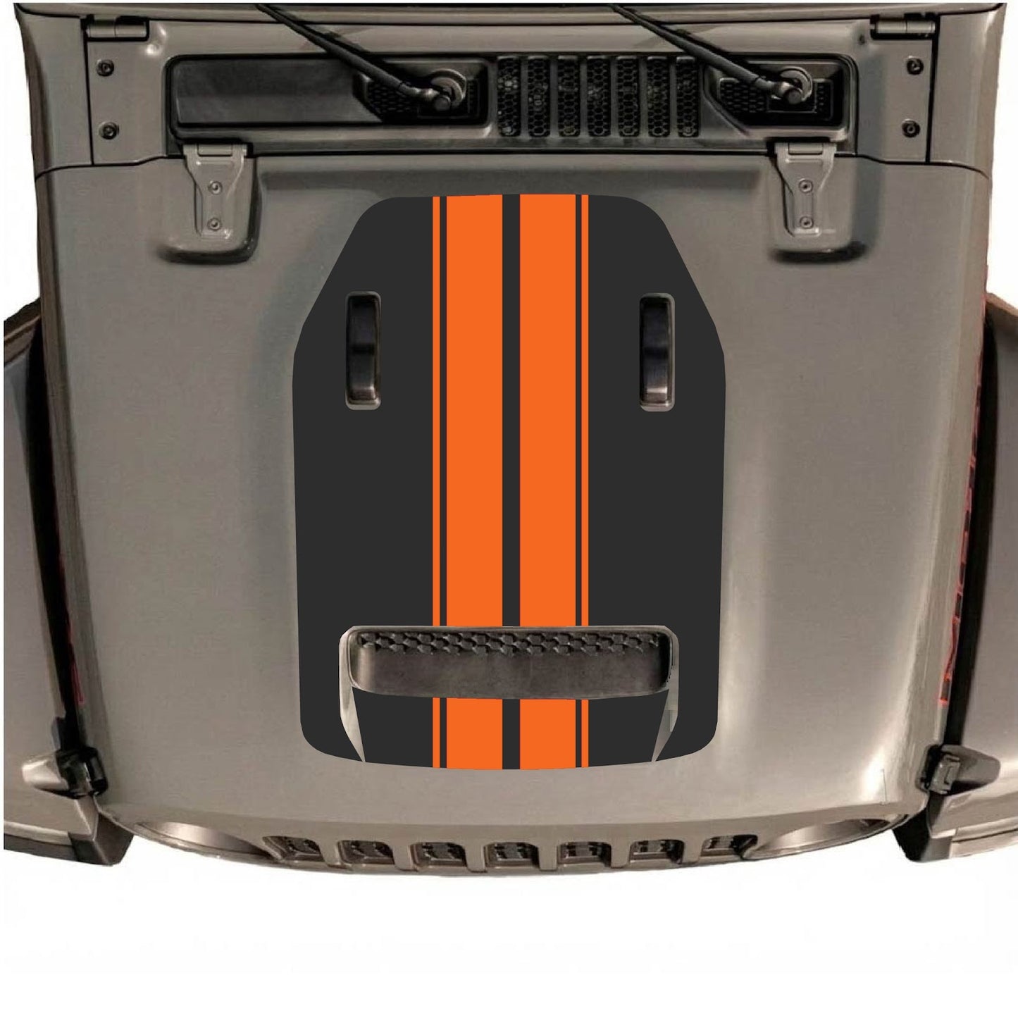 CarCode hood decal for Jeep Wrangler JL/JLU Rubicon 392 and JT Gladiator Mojave, style #12, black graphic on hood surface.