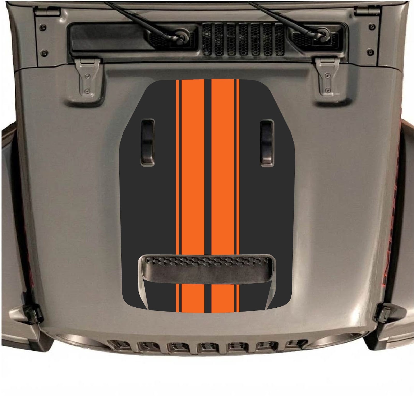 CarCode hood decal for Jeep Wrangler JL/JLU Rubicon 392 and JT Gladiator Mojave, style #12, black graphic on hood surface.