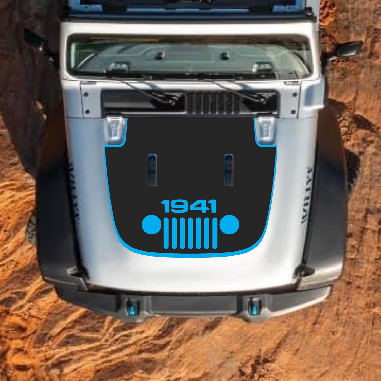 CarCode hood decal for Jeep Wrangler JL, JLU, Gladiator JT, standard hood, style #66, black graphic design on vehicle hood