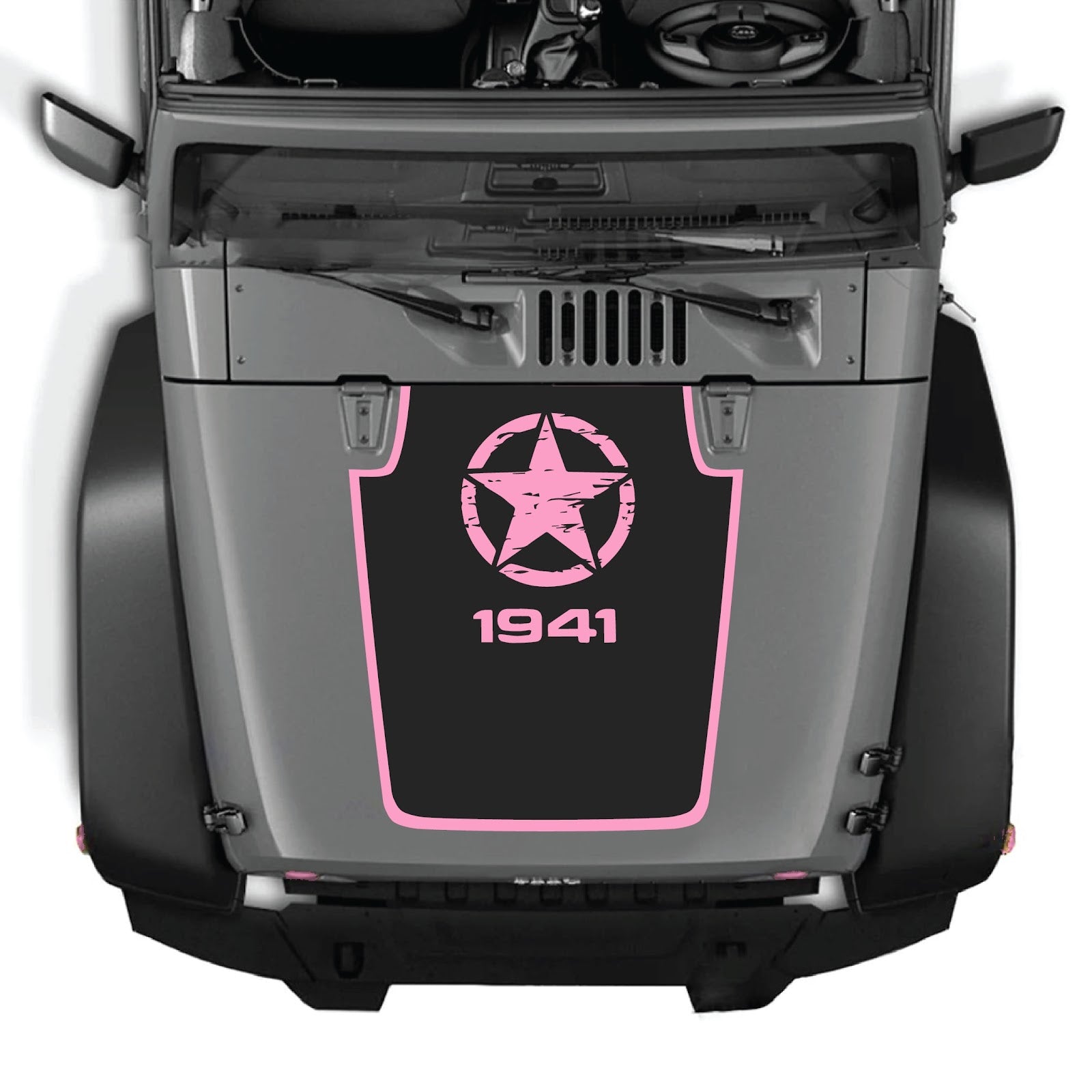 Jeep Wrangler JK/JKU hood decal by CarCode, style #47, black graphic design on hood of silver Jeep with open hood.
