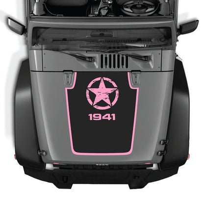 Jeep Wrangler JK/JKU hood decal by CarCode, style #47, black graphic design on hood of silver Jeep with open hood.