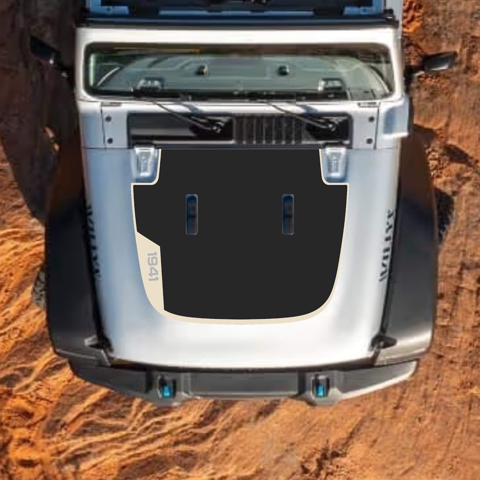 CarCode hood decal for Jeep Wrangler JL, JLU, Gladiator JT, standard hood, style #99, black graphic design on vehicle hood.