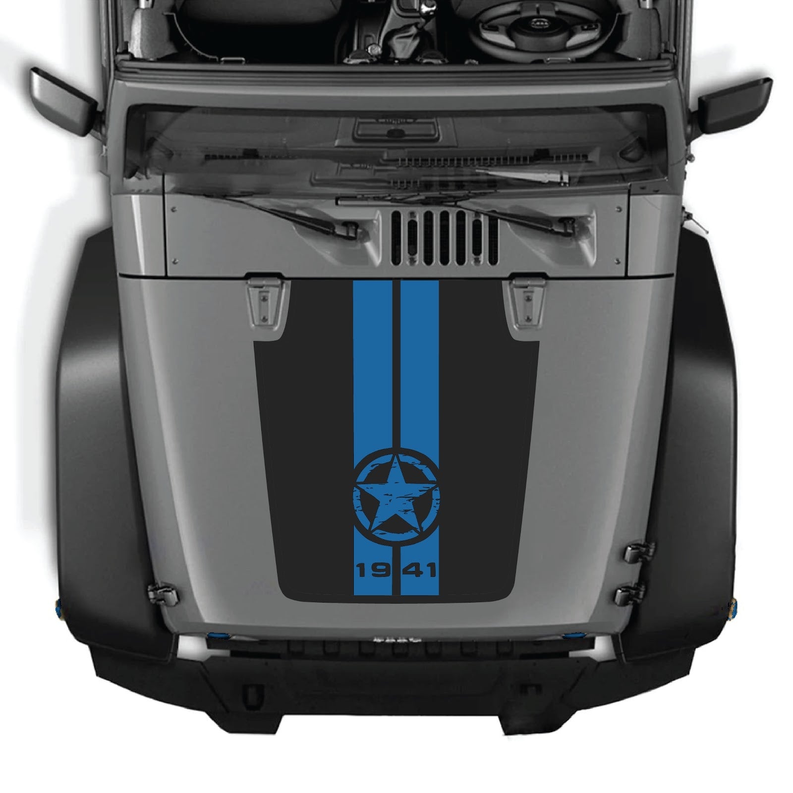 CarCode hood decal for Jeep Wrangler JK/JKU 2007-2018, style #62, shown on the vehicle's hood in black with a sleek design.