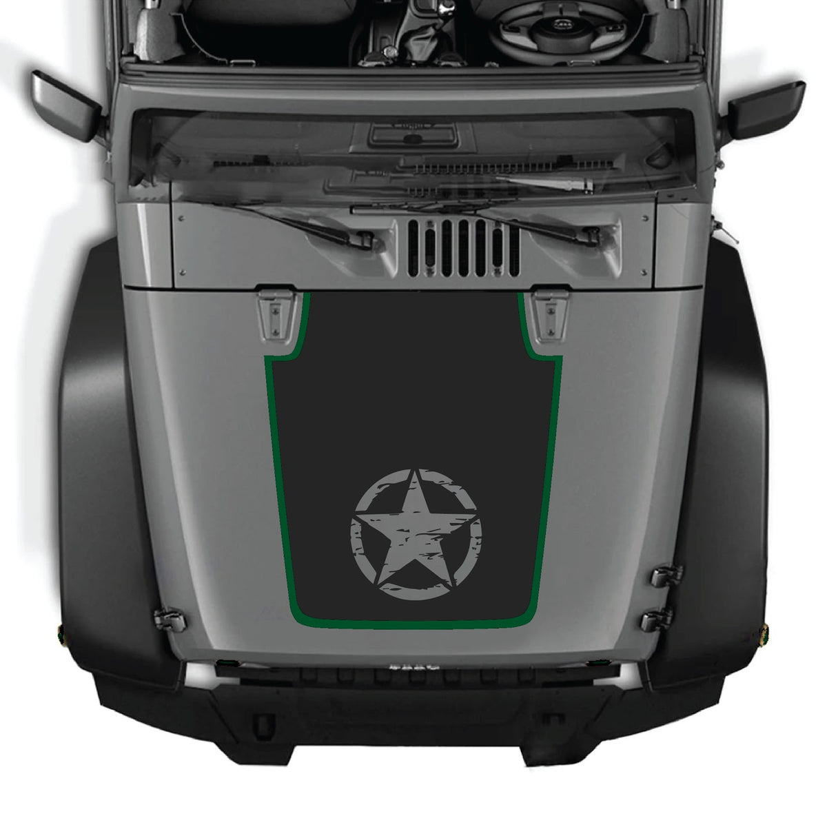 CarCode Jeep Wrangler JK/JKU hood decal Style #75, black and gray graphic design on vehicle hood, 2007-2018 model.