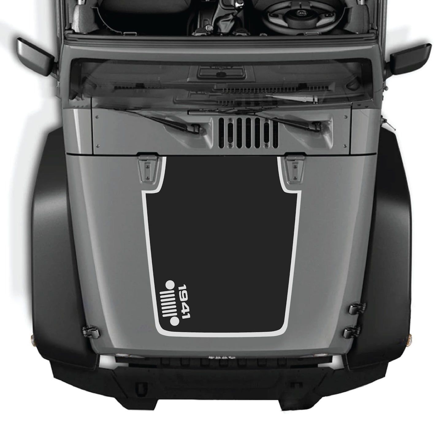 Jeep Wrangler JK/JKU hood decal by CarCode, style #58, black and gray design applied to the vehicle's hood.