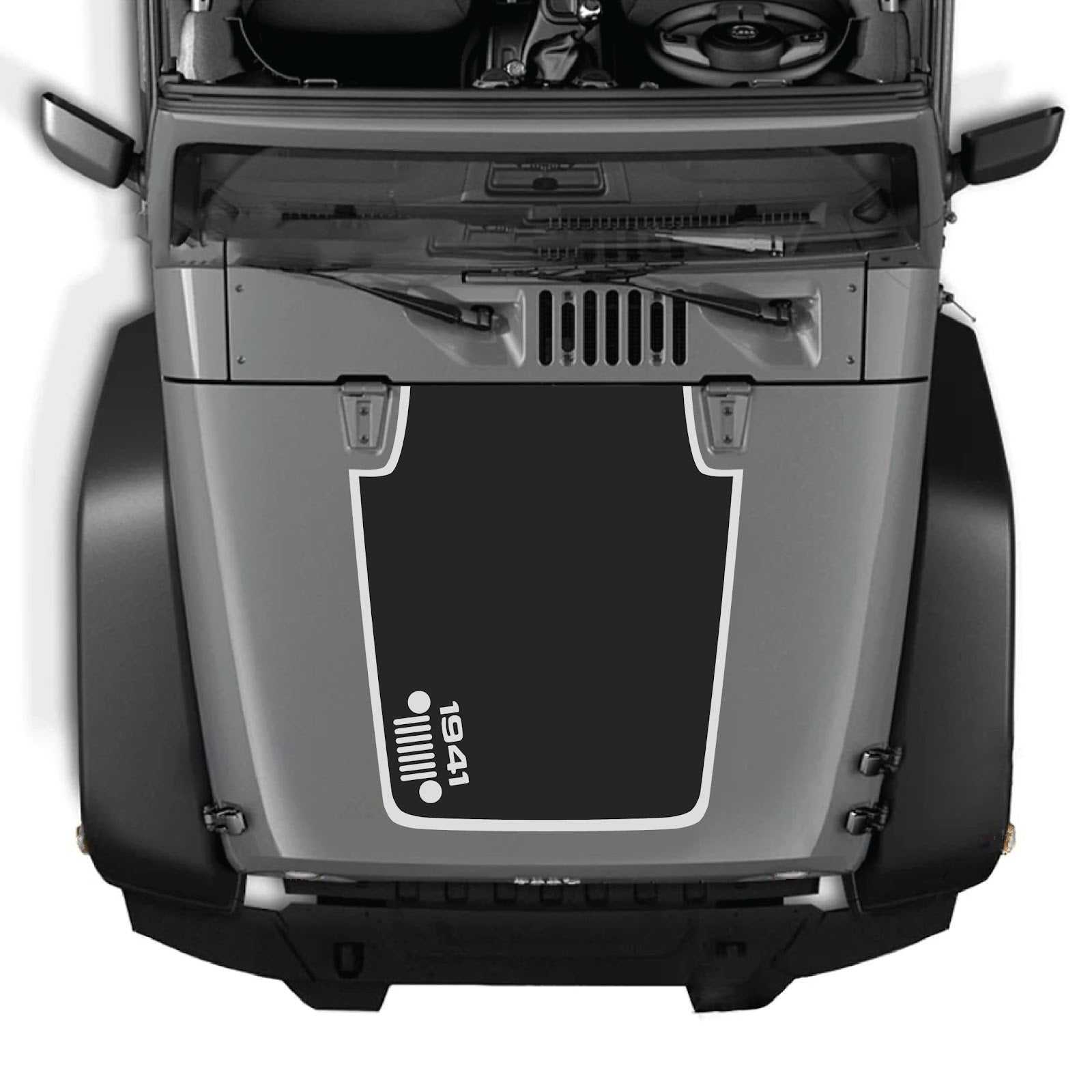 Jeep Wrangler JK/JKU hood decal by CarCode, style #58, black and gray design applied to the vehicle's hood.