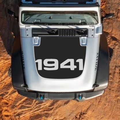CarCode hood decal for Jeep Wrangler JL, JLU, Gladiator JT, standard hood style, black graphic decal on vehicle hood.
