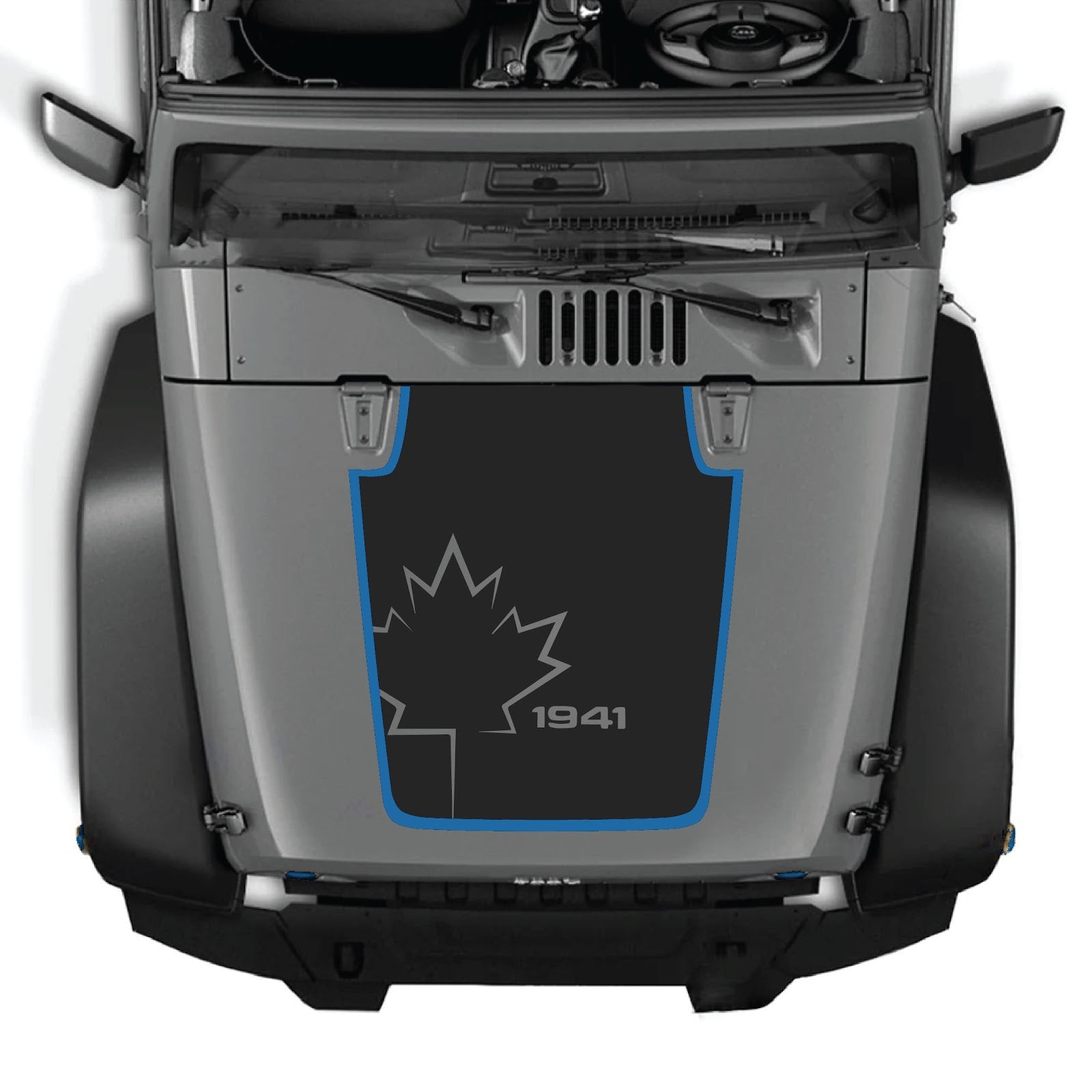 CarCode hood decal for Jeep Wrangler JK/JKU 2007-2018, style #72, shown on the vehicle's hood with bold black and gray design.