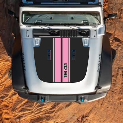 CarCode hood decal for Jeep Wrangler JL, JLU, Gladiator JT, style #05, black decal applied to standard hood, 2018+ models