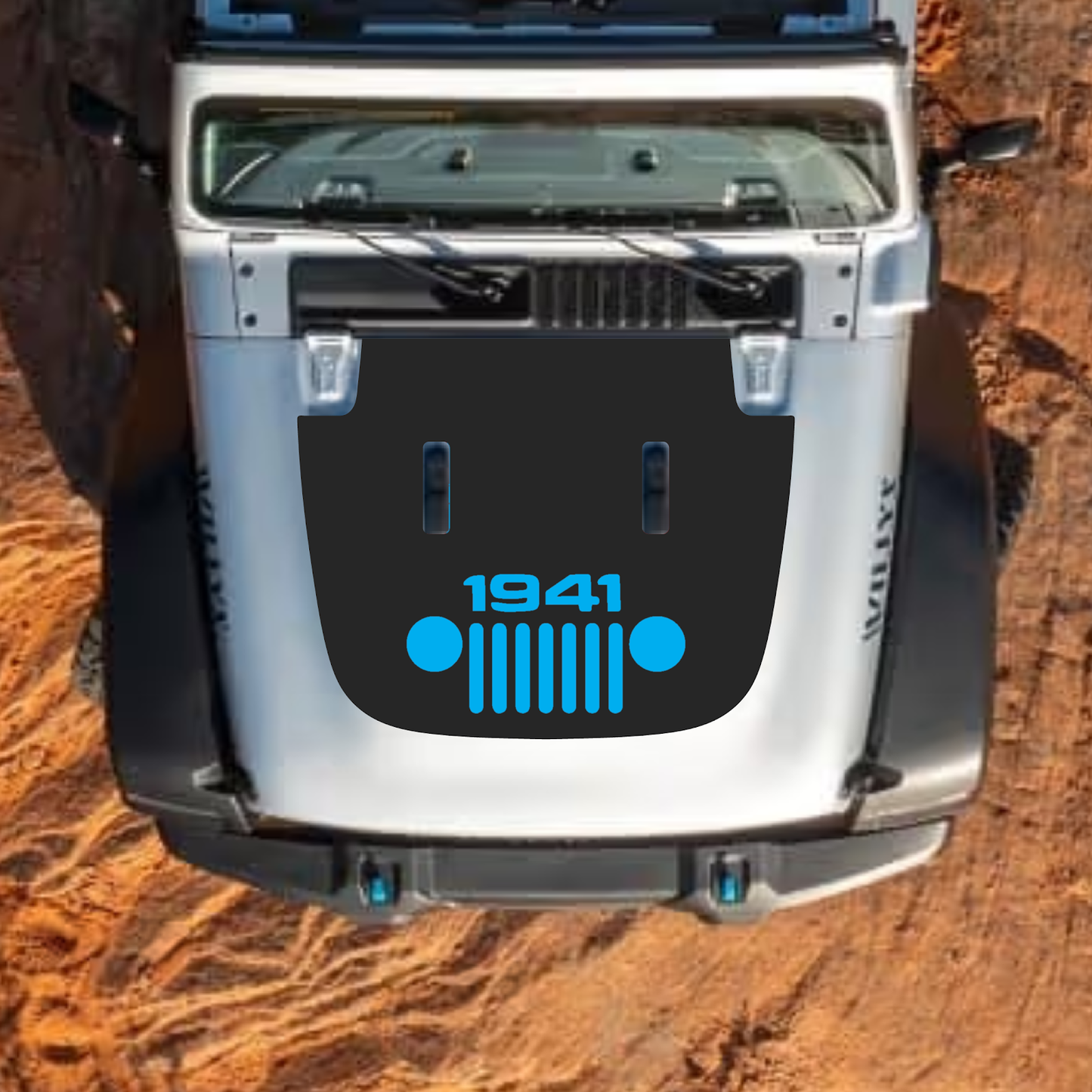 CarCode hood decal for Jeep Wrangler JL JLU and Gladiator JT, stylish #65 design on standard 2018+ hood in the image.