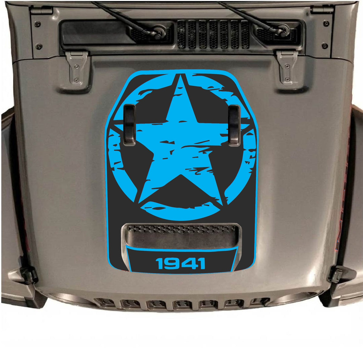 CarCode Jeep Wrangler JL/JLU Rubicon 392 and JT Gladiator Mojave hood decal, style #33, black and silver graphic design on vehicle hood