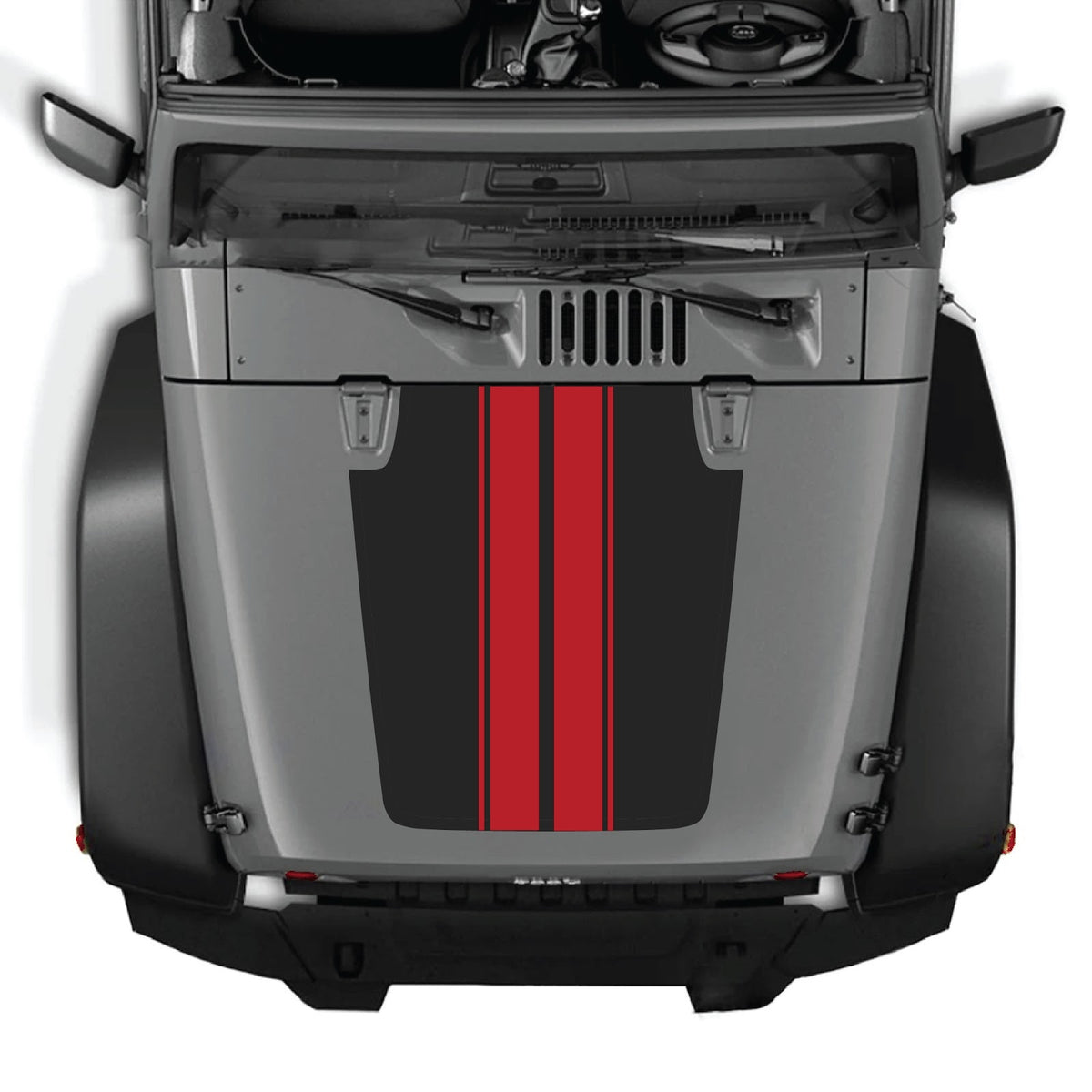 CarCode Jeep Wrangler JK/JKU hood decal Style #43, black graphic sticker on the vehicle's hood, fits 2007-2018 models.