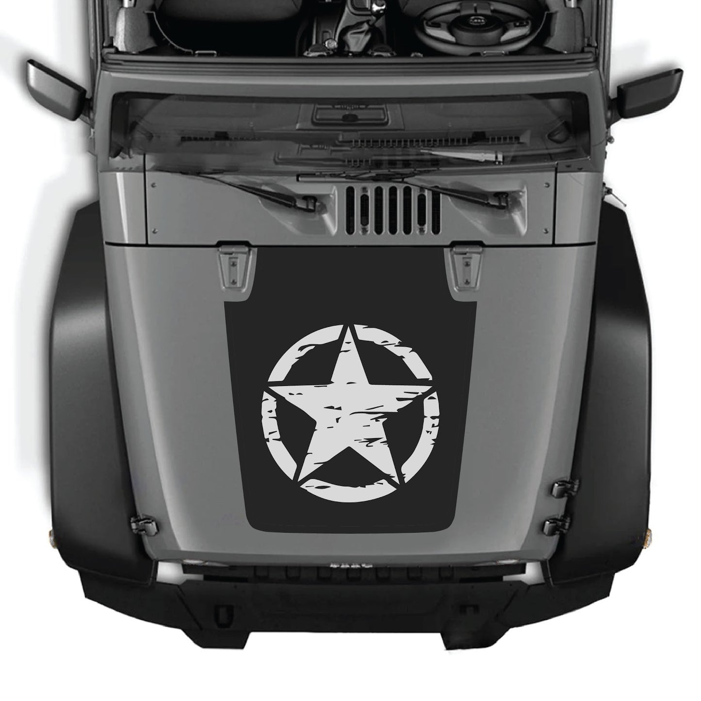 CarCode hood decal for Jeep Wrangler JK/JKU 2007-2018, style #25, shown on the vehicle's hood with bold black lettering.