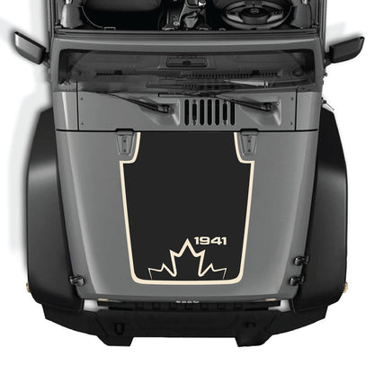 CarCode hood decal for Jeep Wrangler JK/JKU 2007-2018, style #20, shown on a black vehicle hood with bold design.
