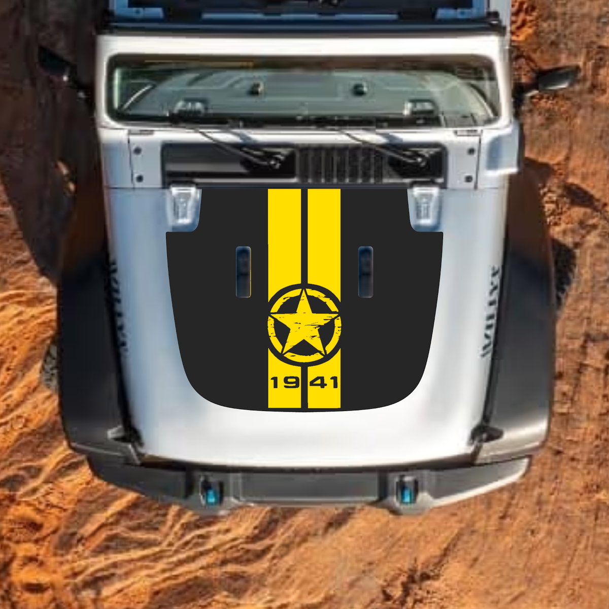 CarCode hood decal for Jeep Wrangler JL JLU Gladiator JT, stylish standard hood decal in black with graphic design.