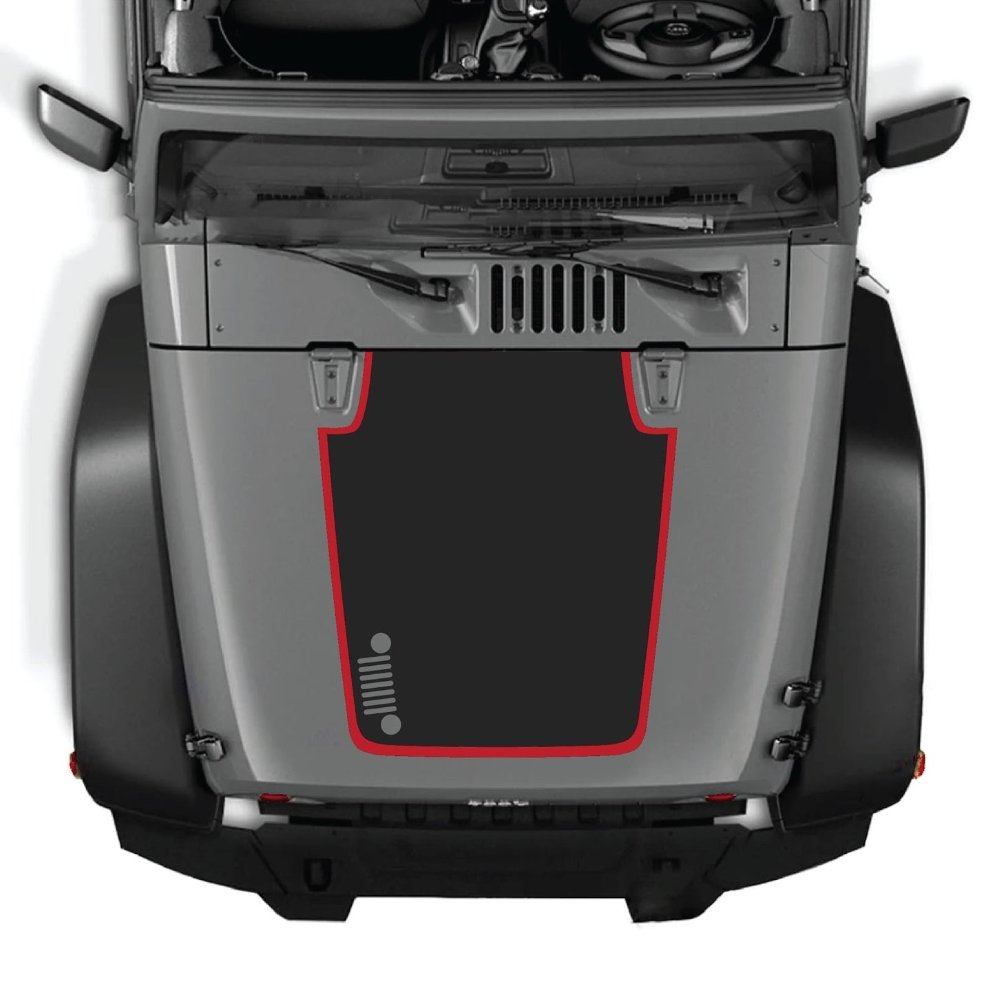 CarCode Jeep Wrangler JK/JKU hood decal in style #81, black and gray graphic design on vehicle hood for 2007-2018 models.