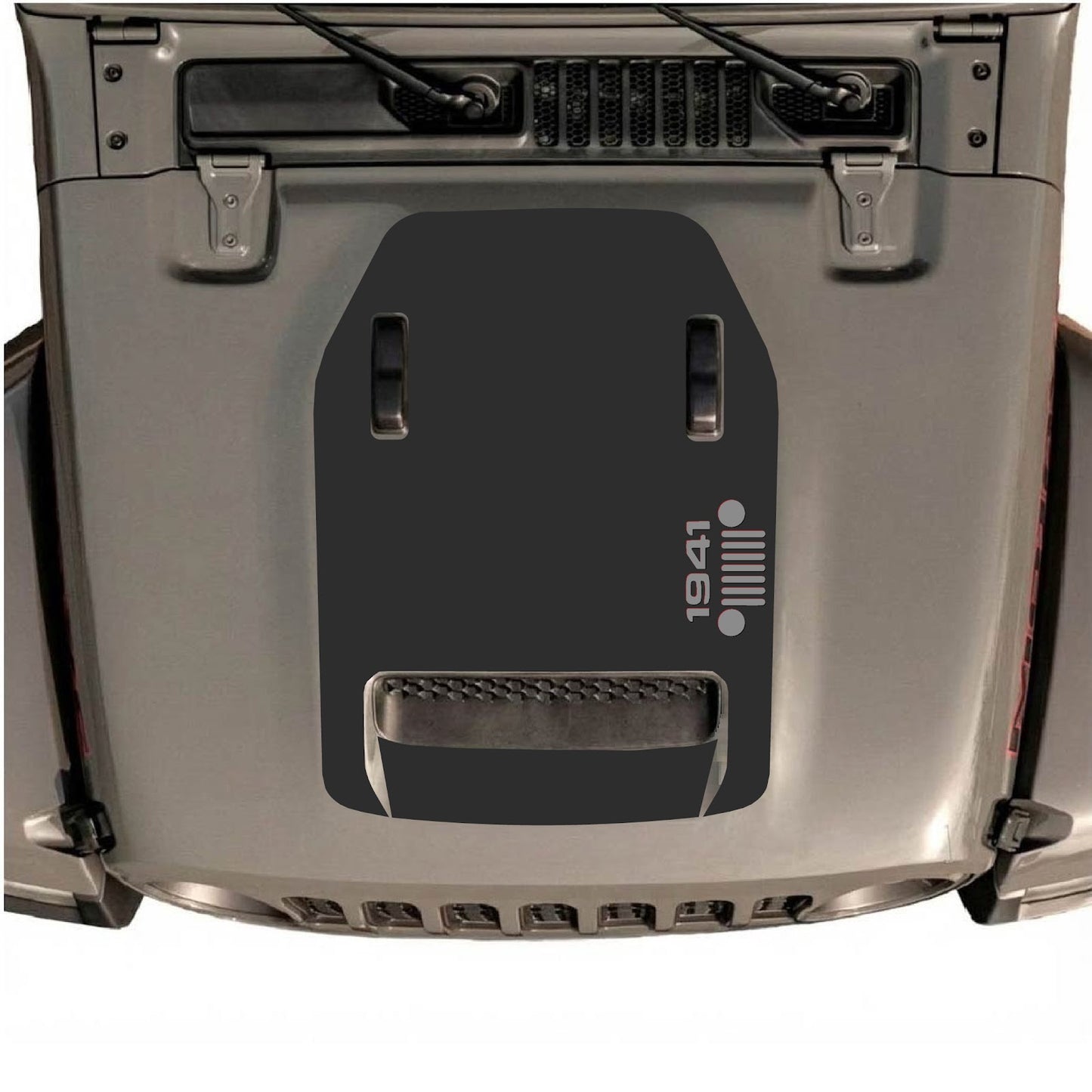 CarCode hood decal for Jeep Wrangler JL/JLU Rubicon 392 and JT Gladiator Mojave 2020-2026, style #56, black and gray graphic design.