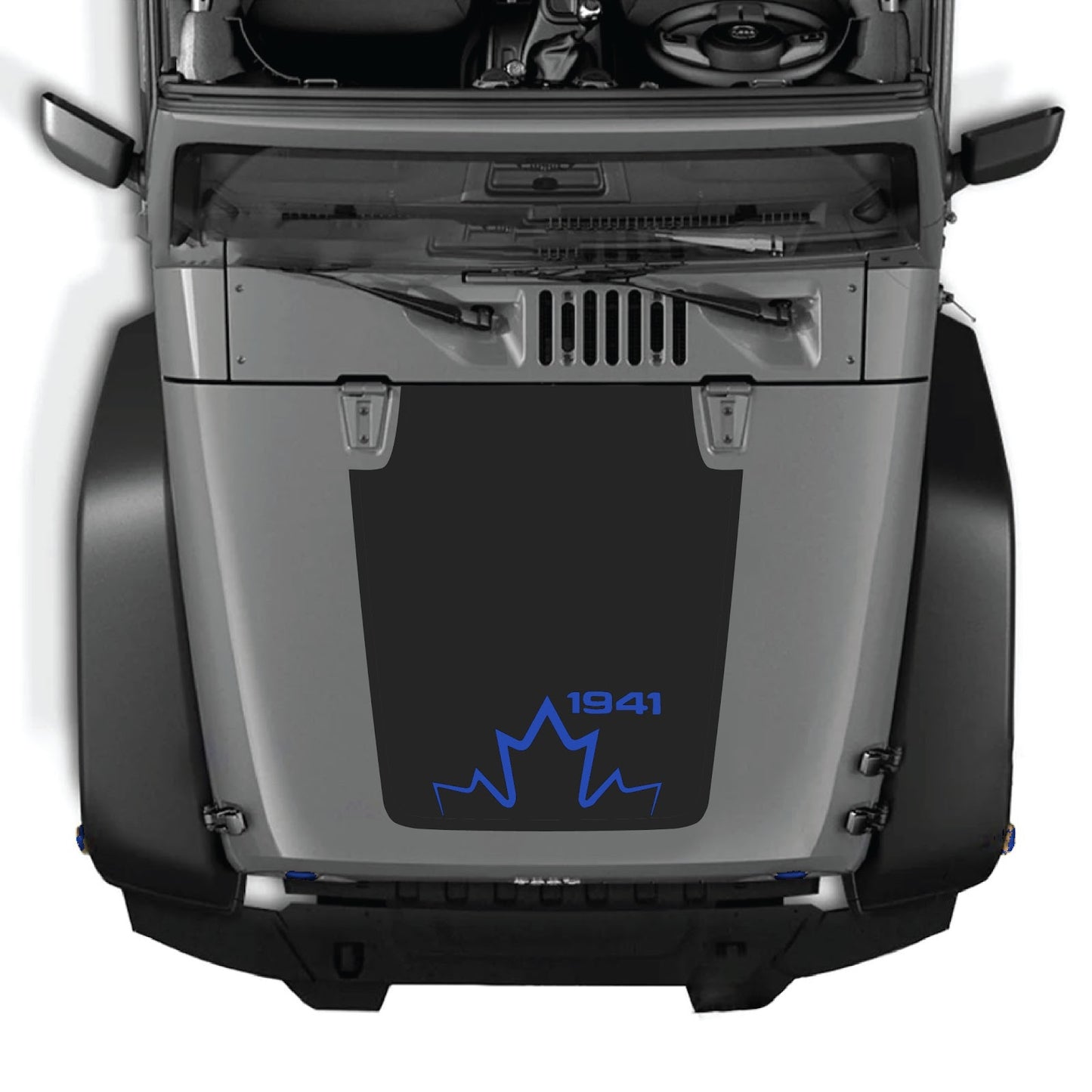 CarCode Jeep Wrangler JK/JKU 2007-2018 hood decal, style #12, black and white graphic design on vehicle hood.