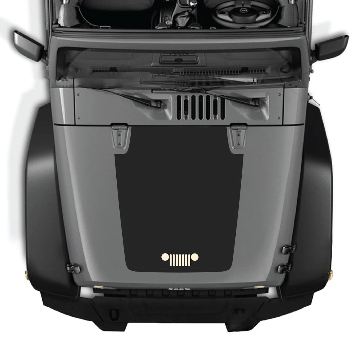 CarCode hood decal for Jeep Wrangler JK/JKU 2007-2018, style #27, featuring bold black graphic on vehicle's hood.