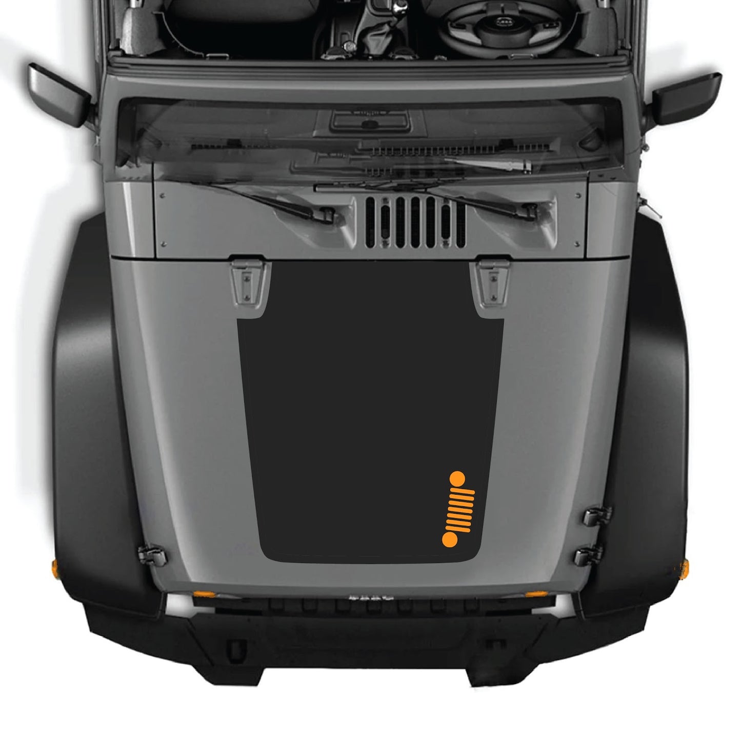 CarCode hood decal for Jeep Wrangler JK/JKU 2007-2018, style #39, shown on the vehicle's hood with bold design and black finish.