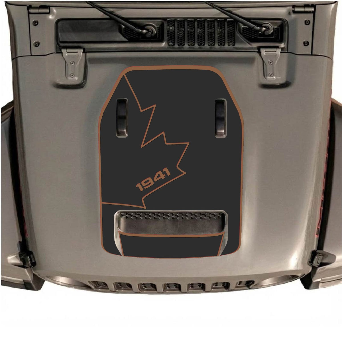 CarCode hood decal for Jeep Wrangler JL/JLU Rubicon 392 and JT Gladiator Mojave, style #25, black graphic on vehicle hood