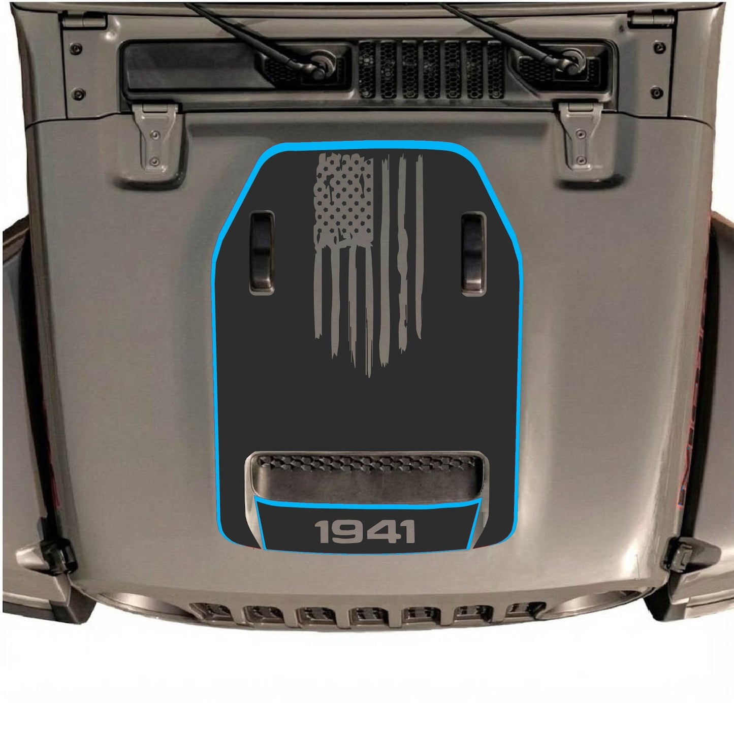 CarCode hood decal for Jeep Wrangler JL/JLU Rubicon 392 and JT Gladiator Mojave 2020-2026, style #83, black and gray graphic design
