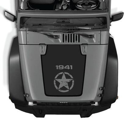 CarCode hood decal for Jeep Wrangler JK/JKU 2007-2018, style #76, shown applied on the vehicle's hood in the image.
