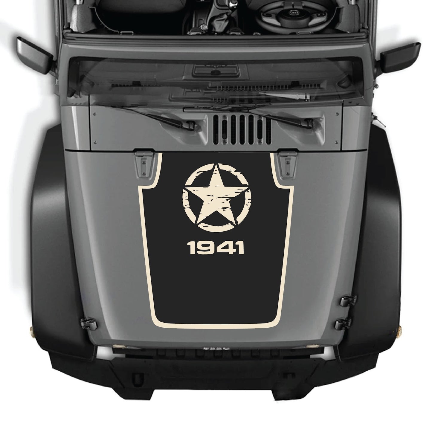 Jeep Wrangler JK/JKU hood decal by CarCode, style #47, black and white graphic design for 2007-2018 models.