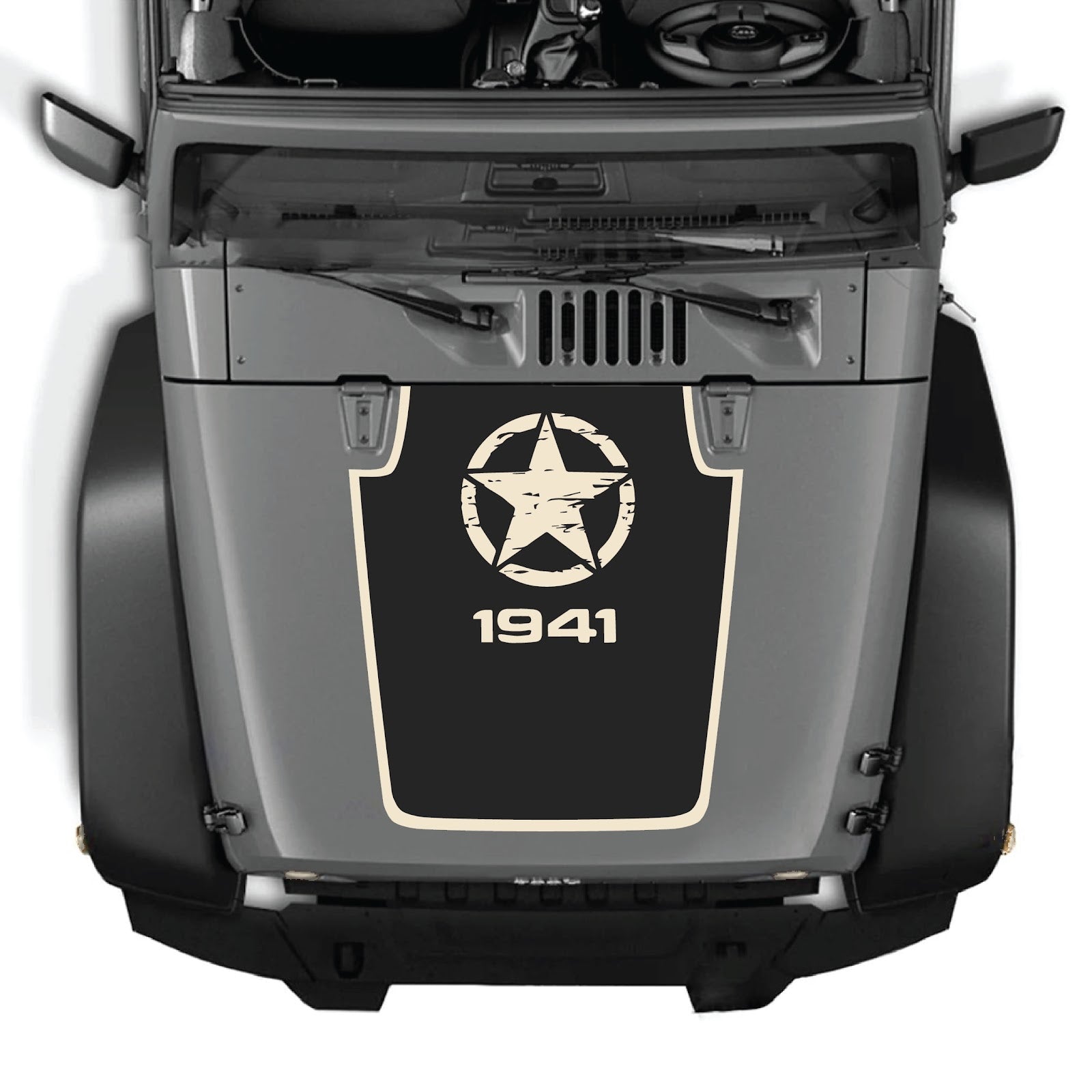 Jeep Wrangler JK/JKU hood decal by CarCode, style #47, black and white graphic design for 2007-2018 models.
