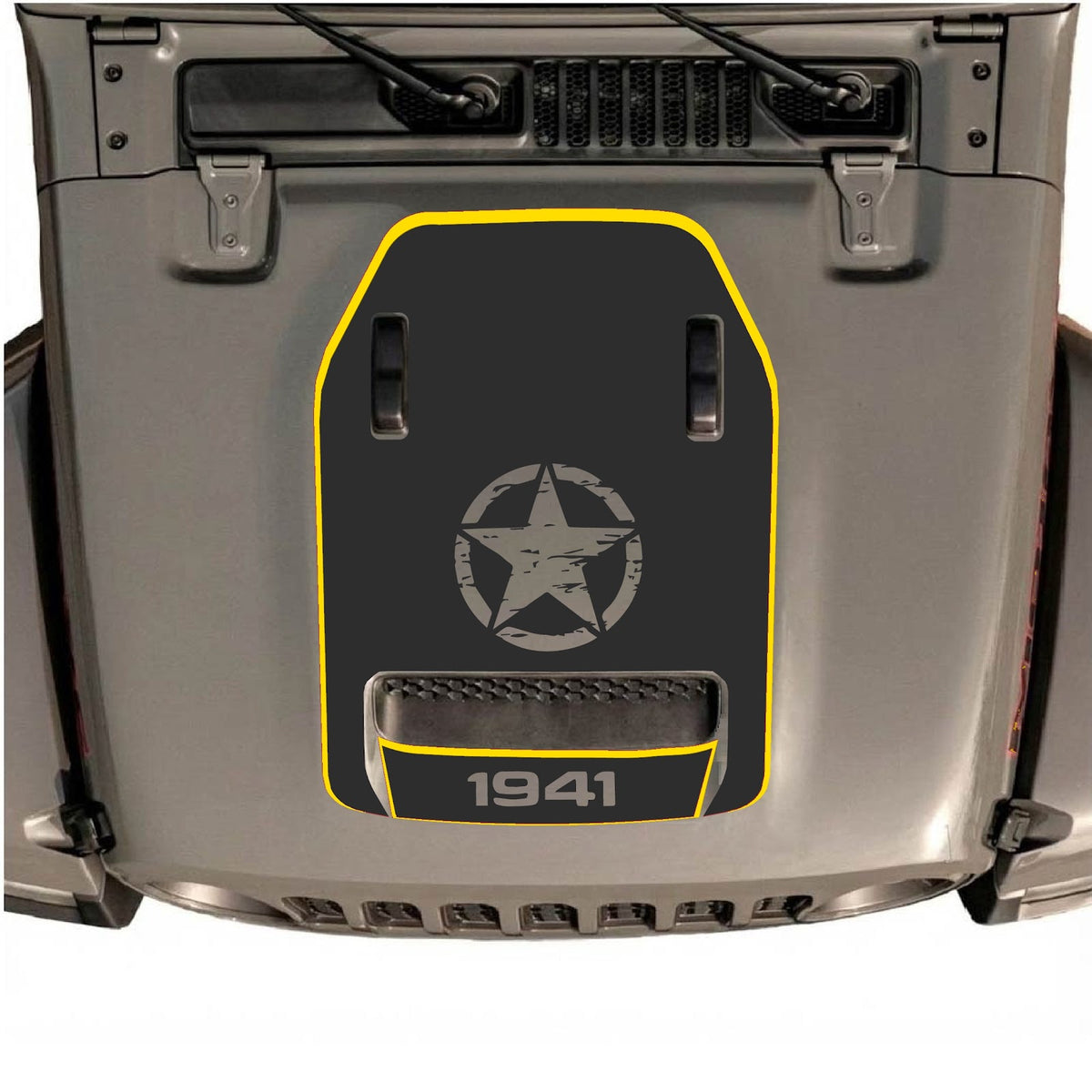 Jeep Wrangler JL/JLU Rubicon 392 and Gladiator Mojave hood decal by CarCode, style #90, displayed on vehicle hood