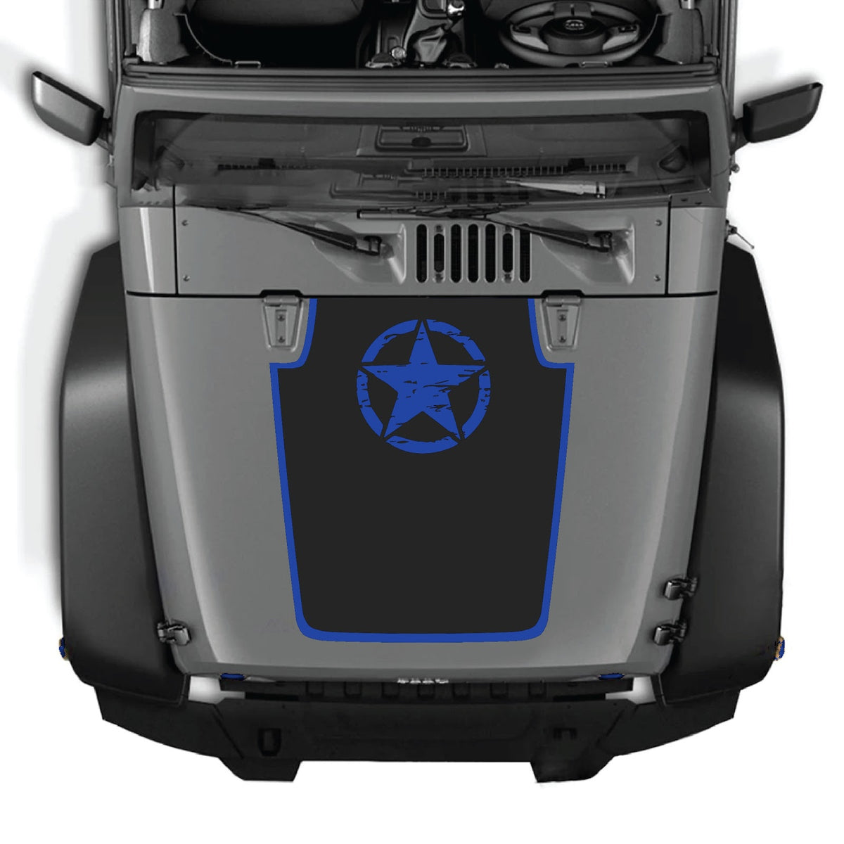 Jeep Wrangler JK/JKU hood decal in style #52, black graphic design by CarCode on the vehicle's hood.