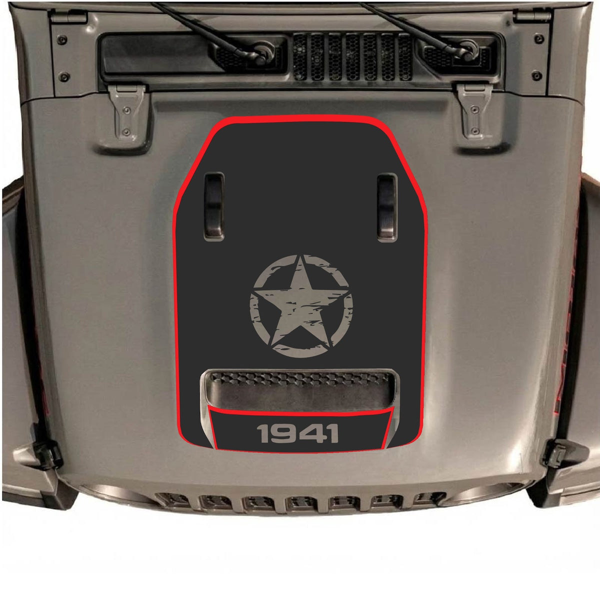Jeep Wrangler JL/JLU Rubicon 392 and Gladiator Mojave hood decal by CarCode, style #90, featuring bold black design on vehicle hood.