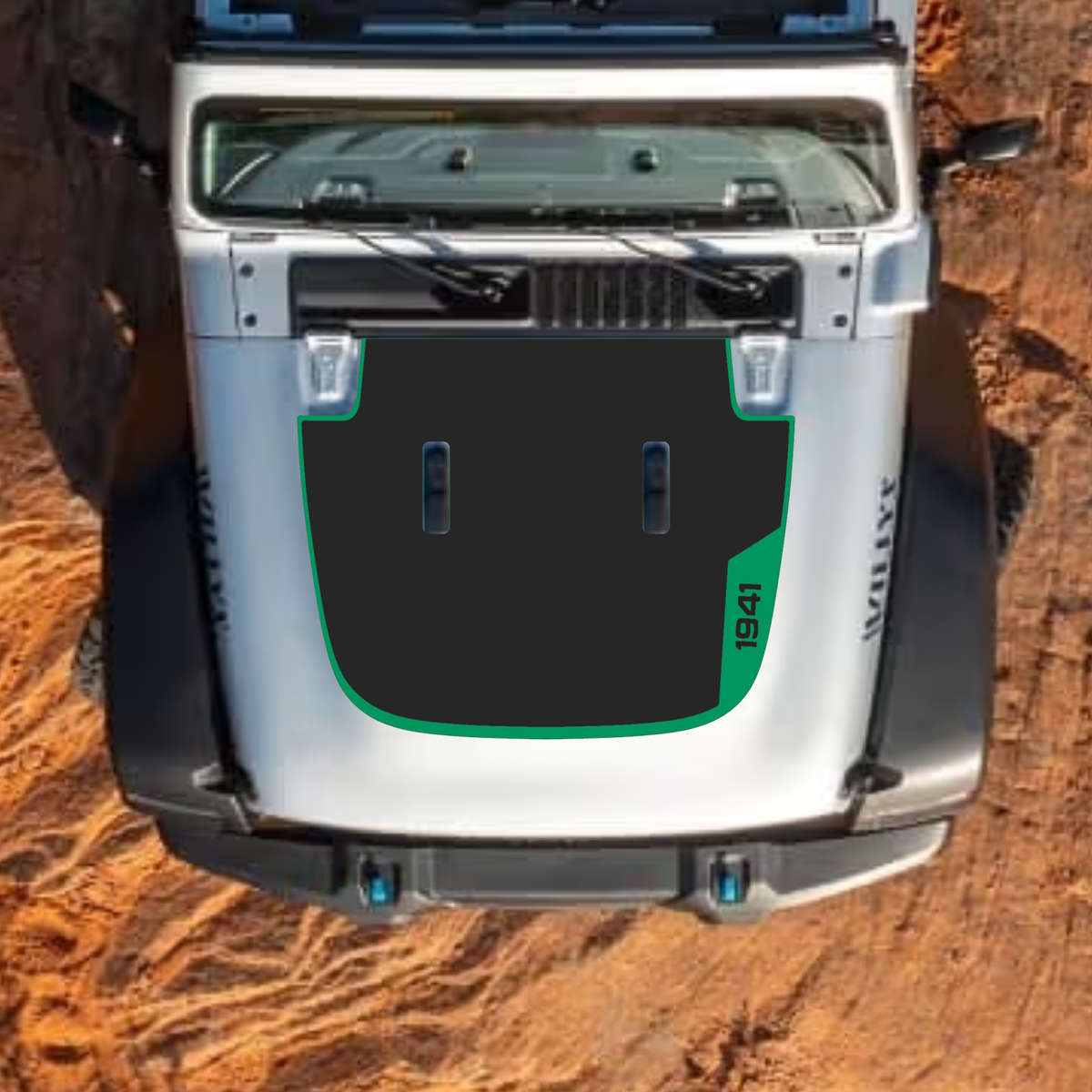 CarCode hood decal for Jeep Wrangler JL, JLU, and Gladiator JT, style #42, black decal with bold design on vehicle hood.
