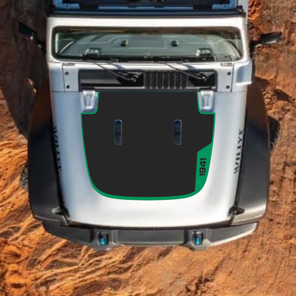 CarCode hood decal for Jeep Wrangler JL, JLU, and Gladiator JT, style #42, black decal with bold design on vehicle hood.