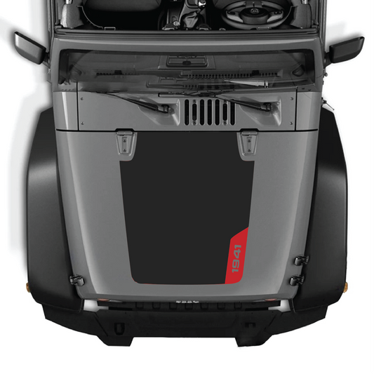 CarCode Jeep Wrangler JK/JKU hood decal in style #83, black vinyl graphic for 2007-2018 Jeep Wrangler.