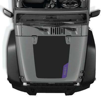 CarCode Jeep Wrangler JK hood decal style #83, black graphic sticker for 2007-2018 JKU models, applied to the hood.