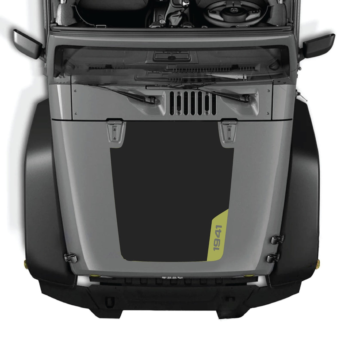 CarCode Jeep Wrangler JK/JKU hood decal in style #83, black graphic design on the vehicle's hood, fits 2007-2018 models.