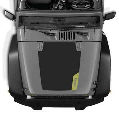 CarCode Jeep Wrangler JK/JKU hood decal in style #83, black graphic design on the vehicle's hood, fits 2007-2018 models.