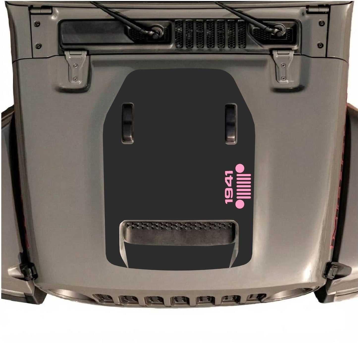 Jeep Wrangler JL/JLU Rubicon 392 and JT Gladiator Mojave hood decal by CarCode, style #56, black graphic on vehicle hood.