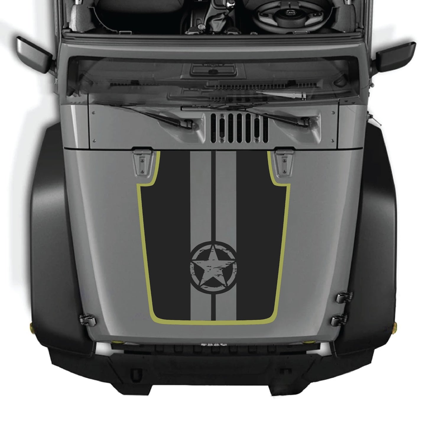 CarCode Jeep Wrangler JK/JKU hood decal Style #88, black graphic vinyl decal on the vehicle's hood for a customized look.