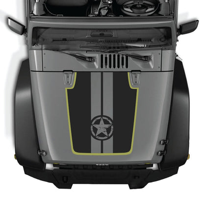 CarCode Jeep Wrangler JK/JKU hood decal Style #88, black graphic vinyl decal on the vehicle's hood for a customized look.