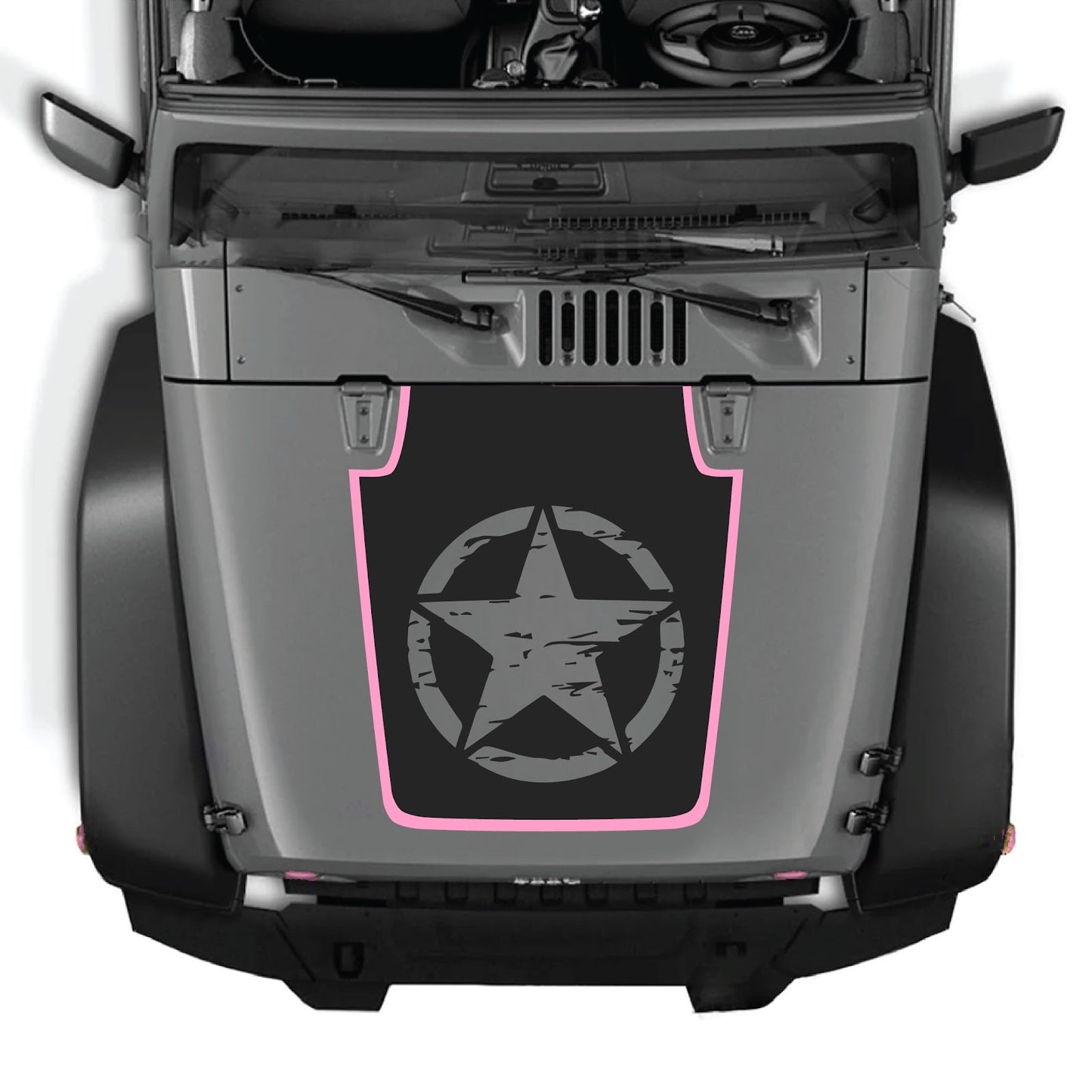 Jeep Wrangler JK/JKU hood decal in style #78 by CarCode, black graphic design on hood surface, 2007-2018 model years.