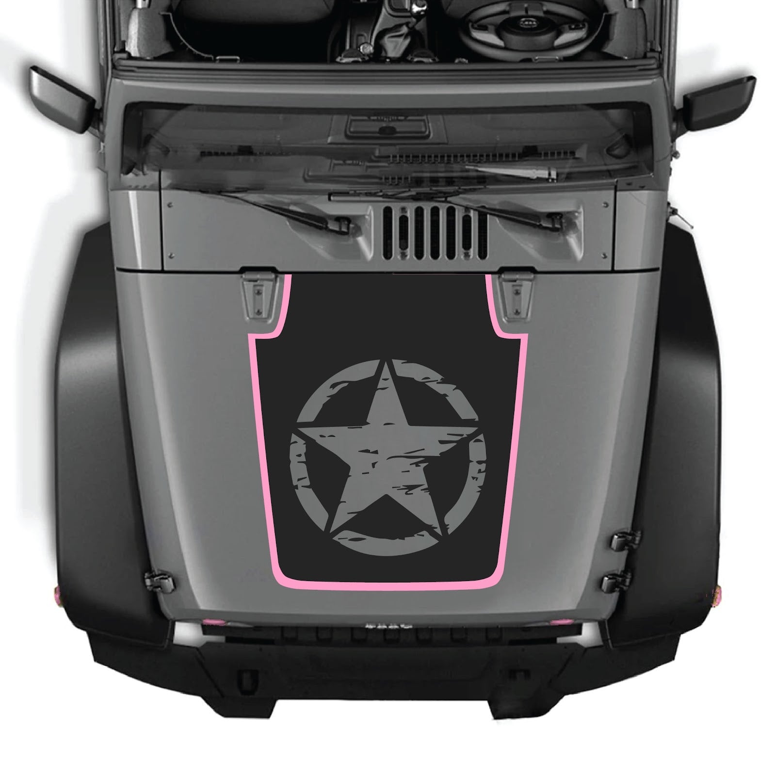 Jeep Wrangler JK/JKU hood decal in style #78 by CarCode, black graphic design on hood surface, 2007-2018 model years.
