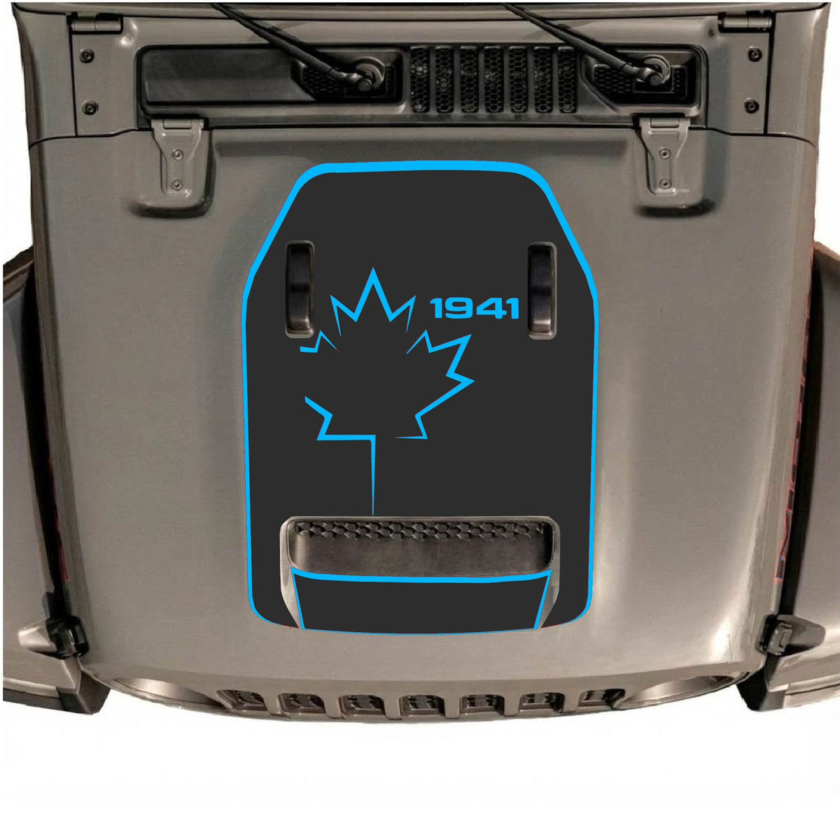 CarCode autocollant de capot Jeep Wrangler JL/JLU Rubicon 392 et Gladiator Mojave, style #21, design graphique noir sur le capot du véhicule.