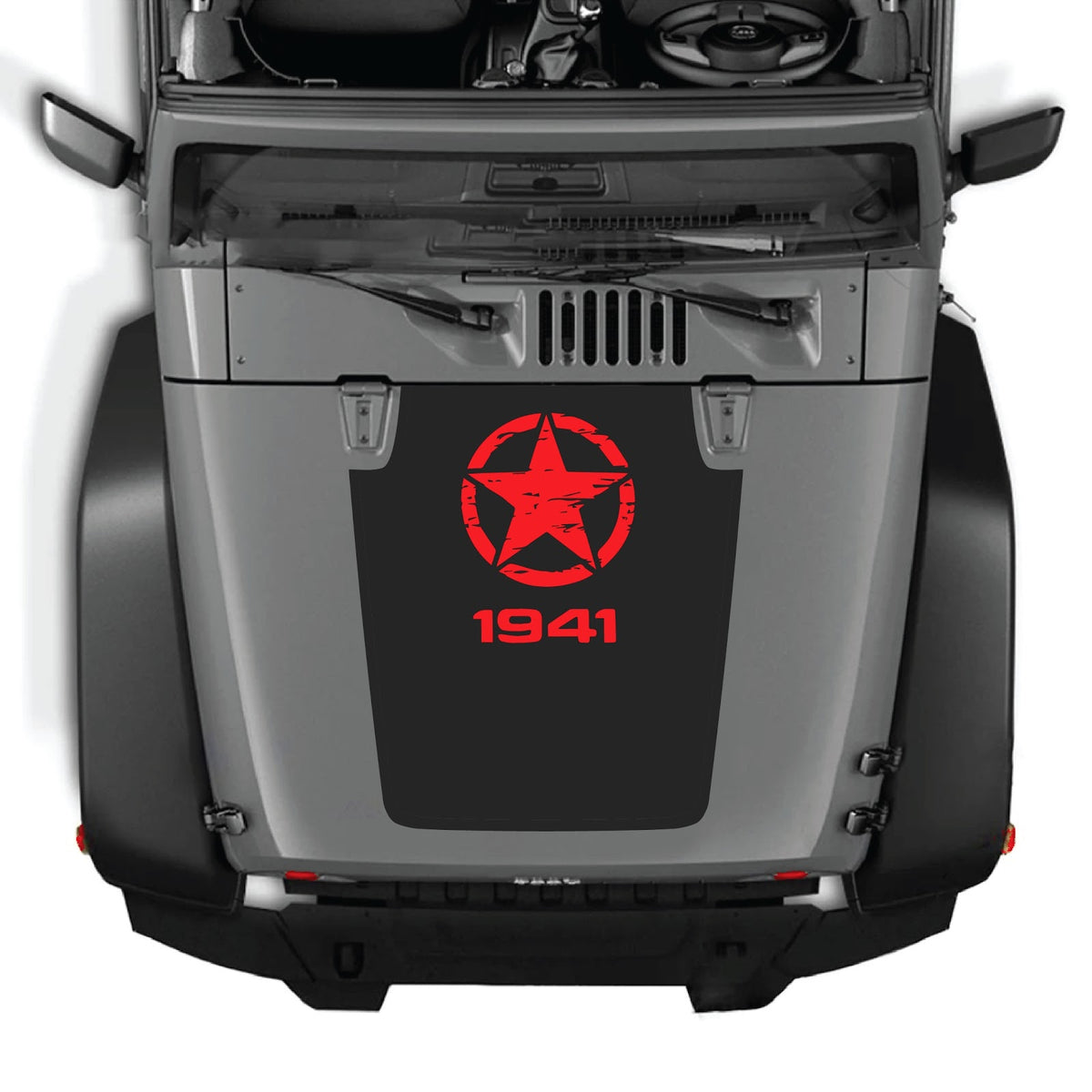 Jeep Wrangler JK/JKU hood decal by CarCode, style #46, black graphic design on the vehicle's hood.