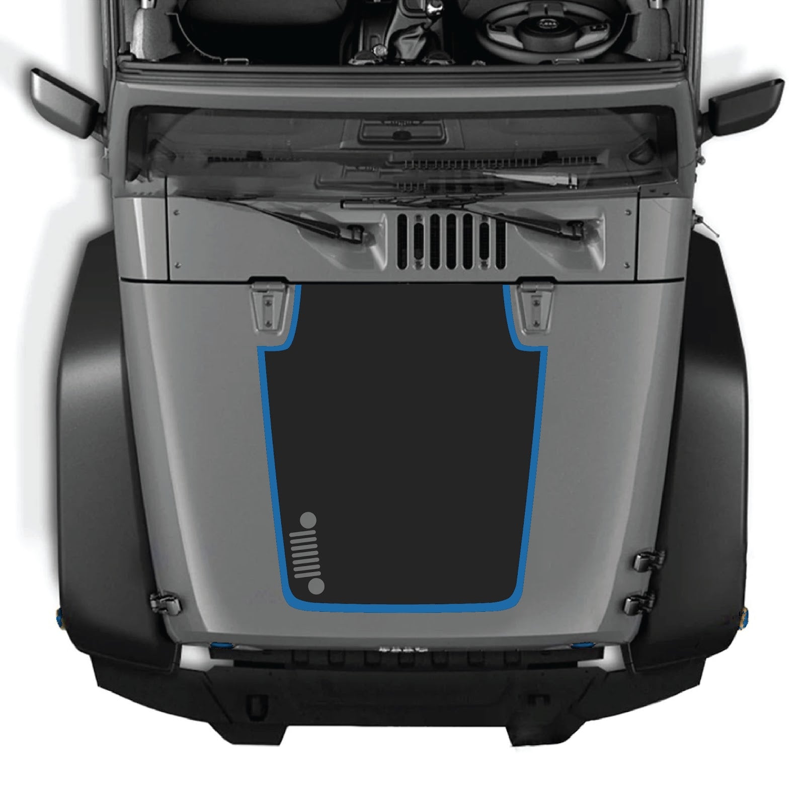 Jeep Wrangler JK/JKU hood decal by CarCode, style #81, black and gray graphic design on the vehicle's hood.