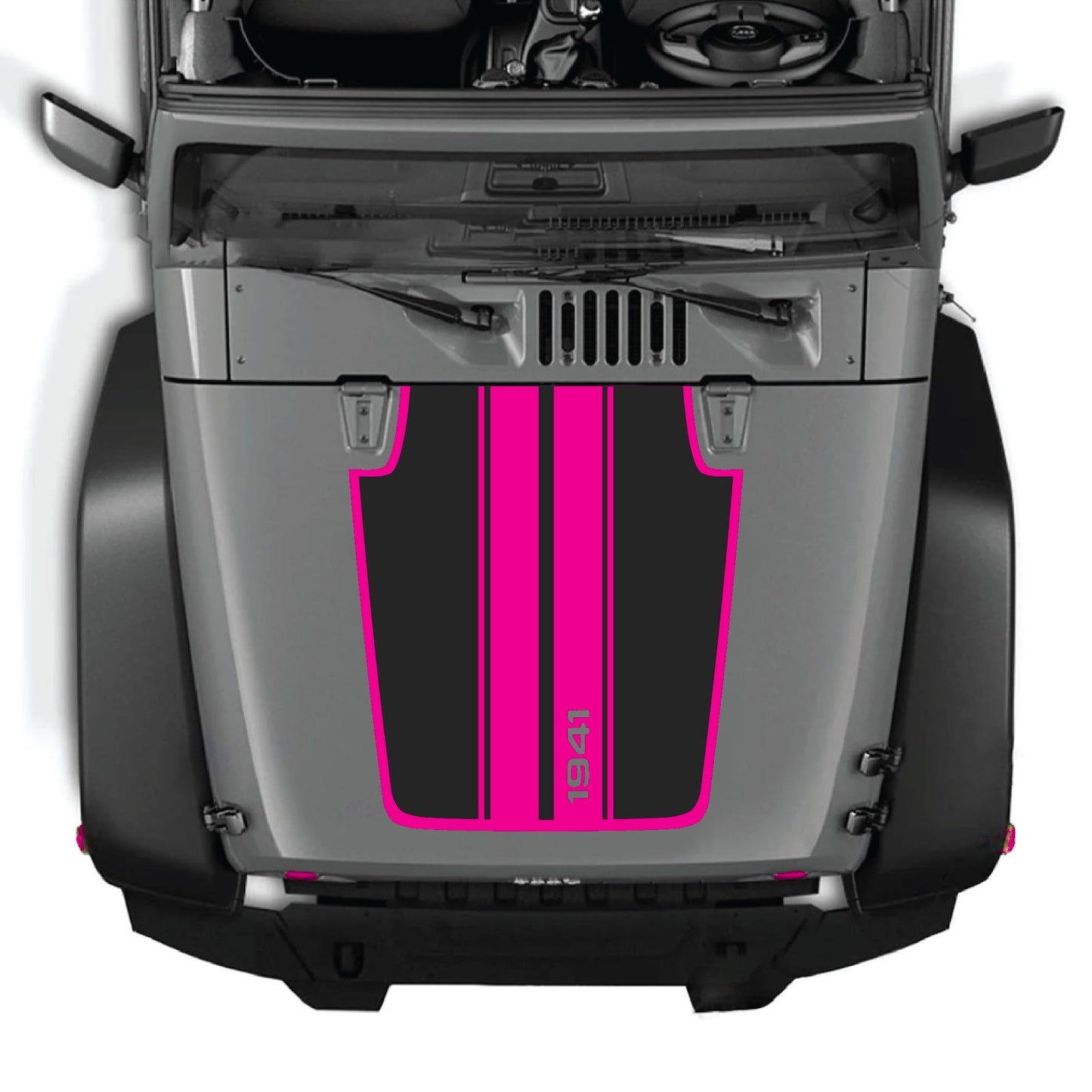 Jeep Wrangler JK/JKU hood decal by CarCode, style #66, in black with bold, angular design on vehicle's hood.