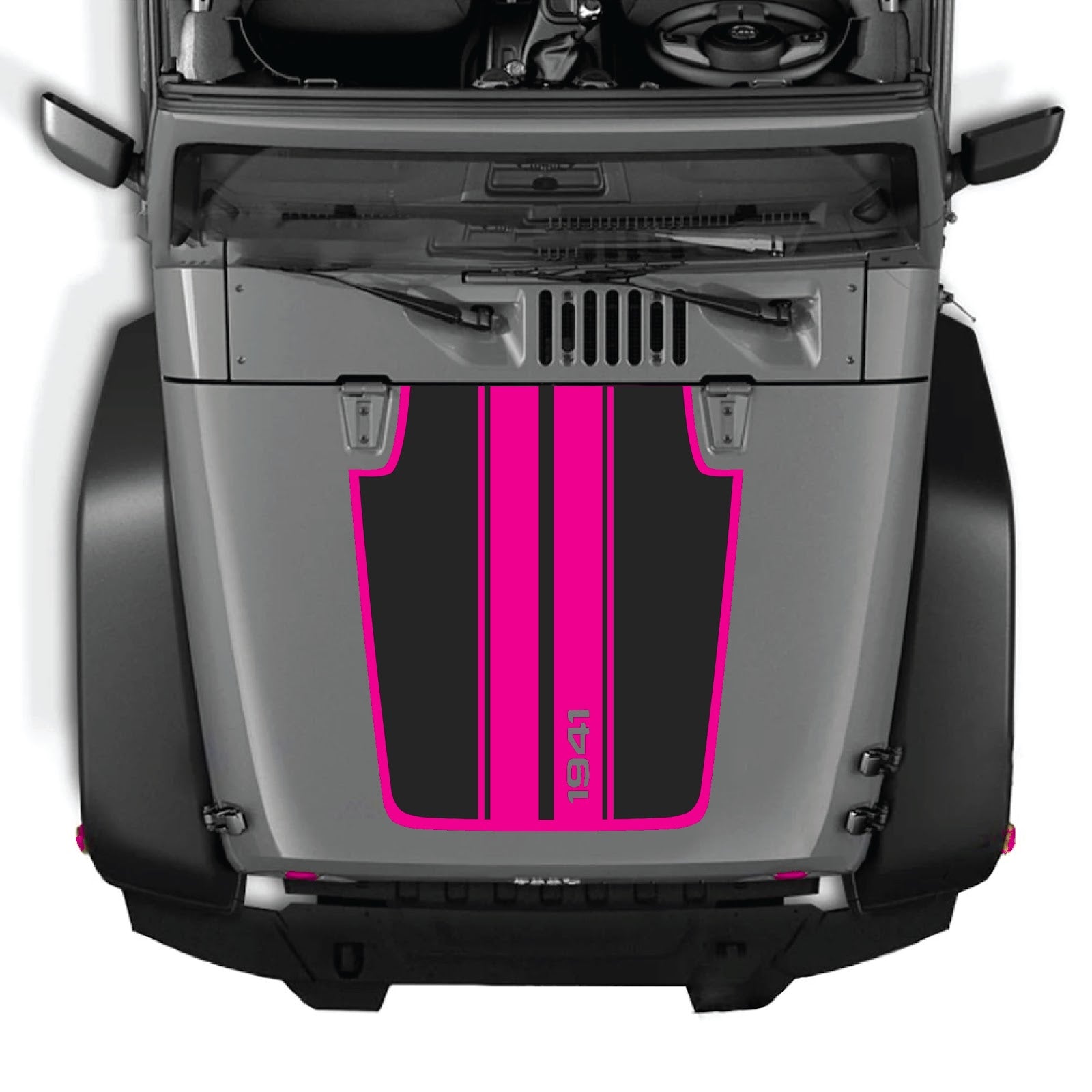 Jeep Wrangler JK/JKU hood decal by CarCode, style #66, in black with bold, angular design on vehicle's hood.