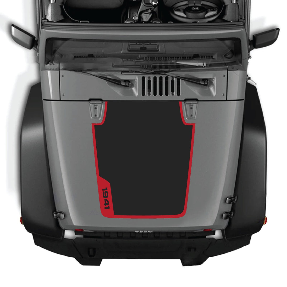 CarCode hood decal for Jeep Wrangler JK/JKU 2007-2018, style #38, black and white graphic design on the vehicle's hood.